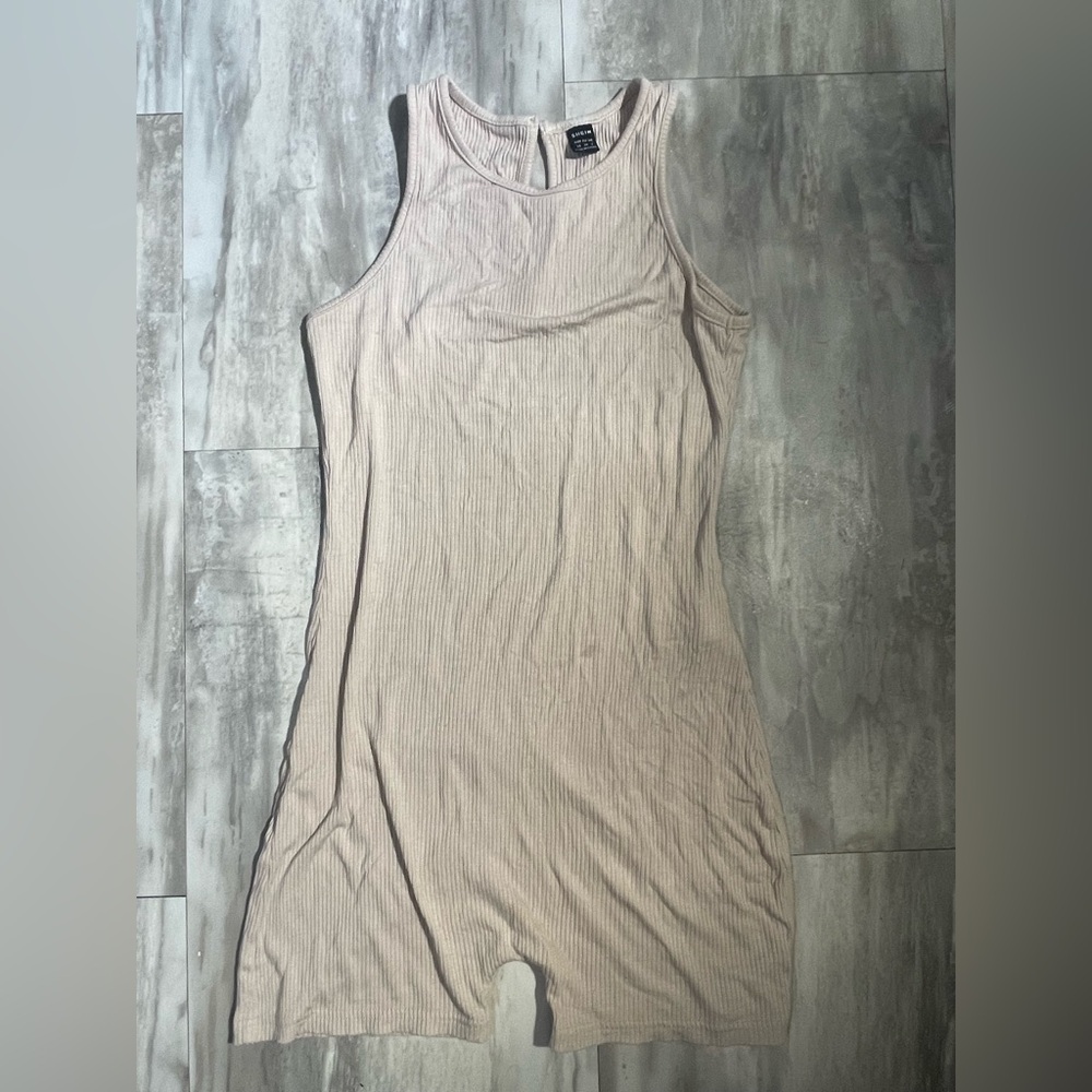 Beige Sleeveless Ribbed Romper